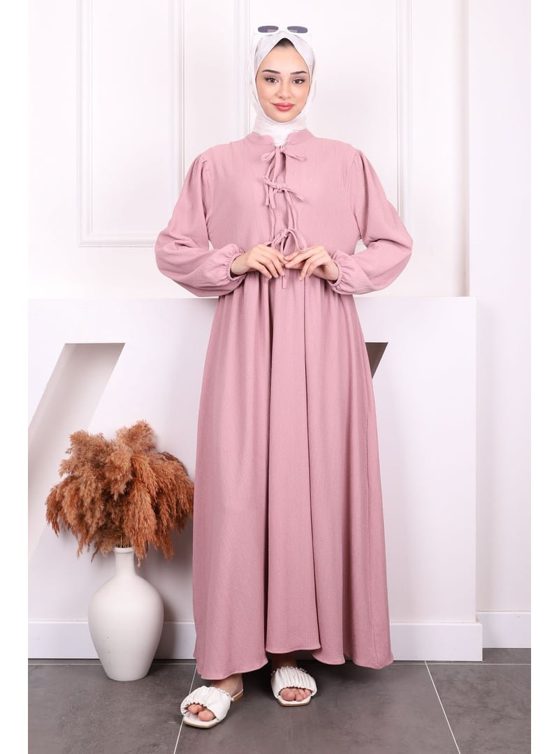 İmaj Butik Gül Kurusu Kol Lastikli Yaka Bağlamalı Bürümcük Elbise