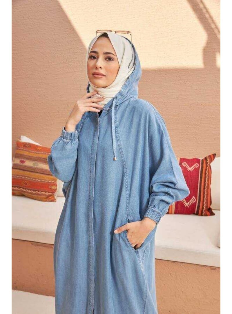 Neways Mavi Denim Kapüşonlu Yarasa Tunik