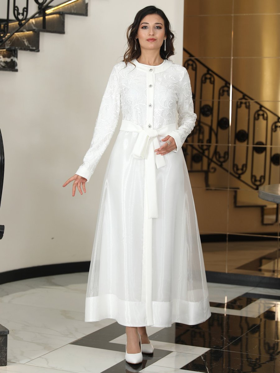 Elben Moda Beyaz Orkide Abaya Takım