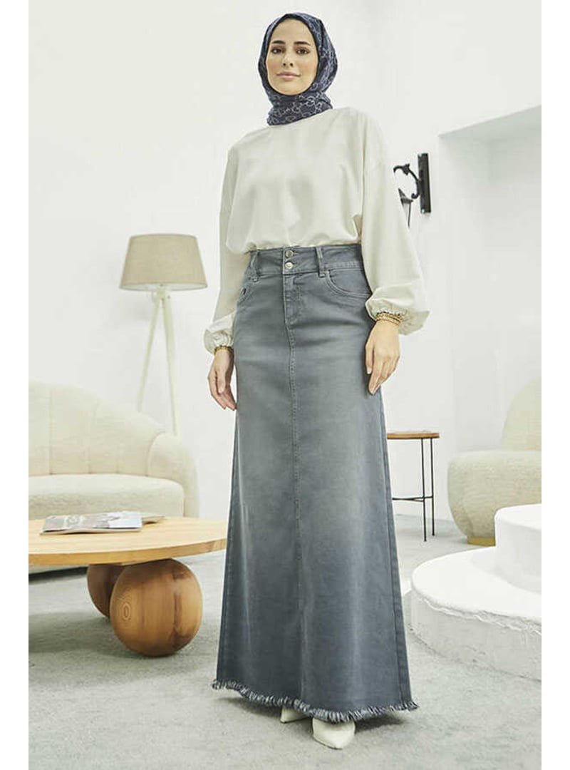Neways Gri Denim Eteği Püsküllü Etek