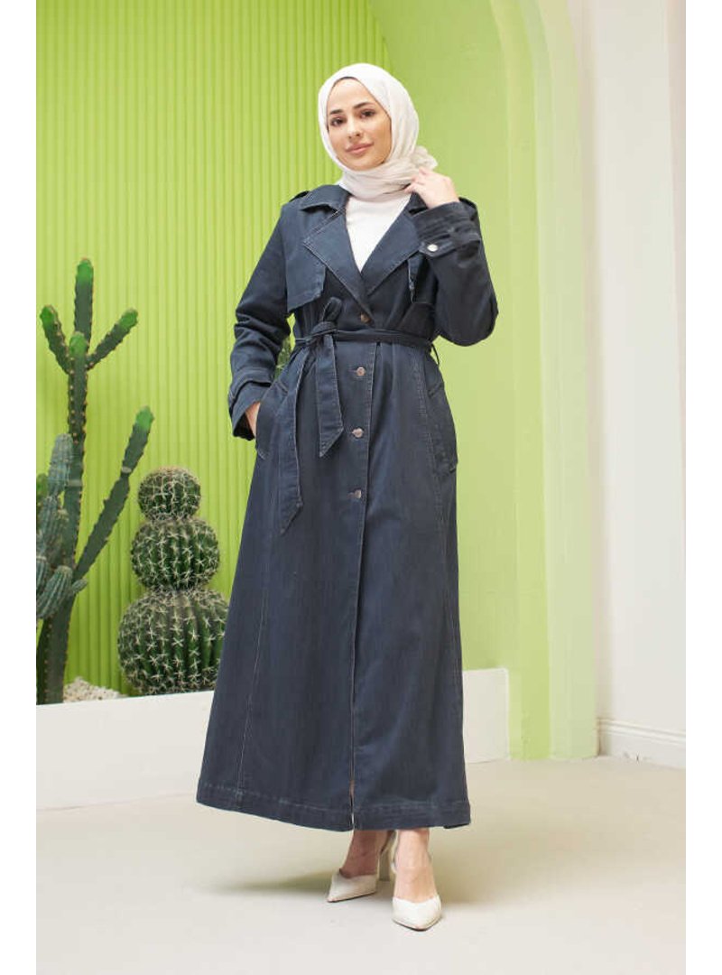 Neways Koyu Gri Allerli Denim Trençkot