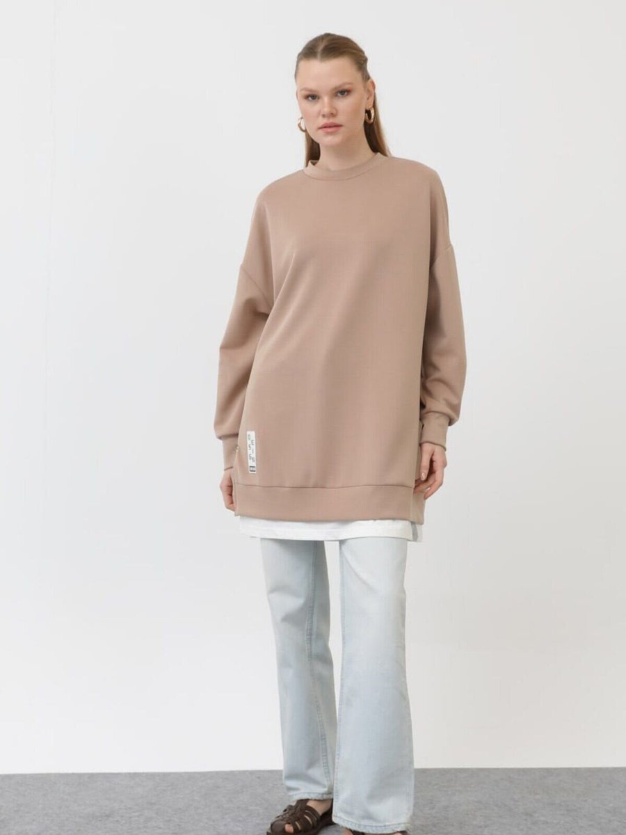 Puane Bej Modal Kumaş Arma Ve Fermuar Detaylı Sweatshirt