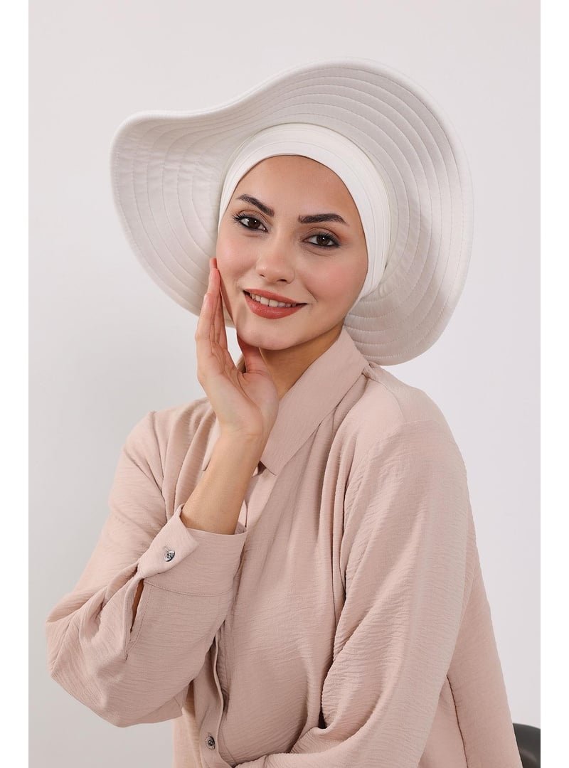 Aisha`s Design Krem Çıkarılabilir Arkası Fiyonklu Şapkalı Penye Bone Türban,s