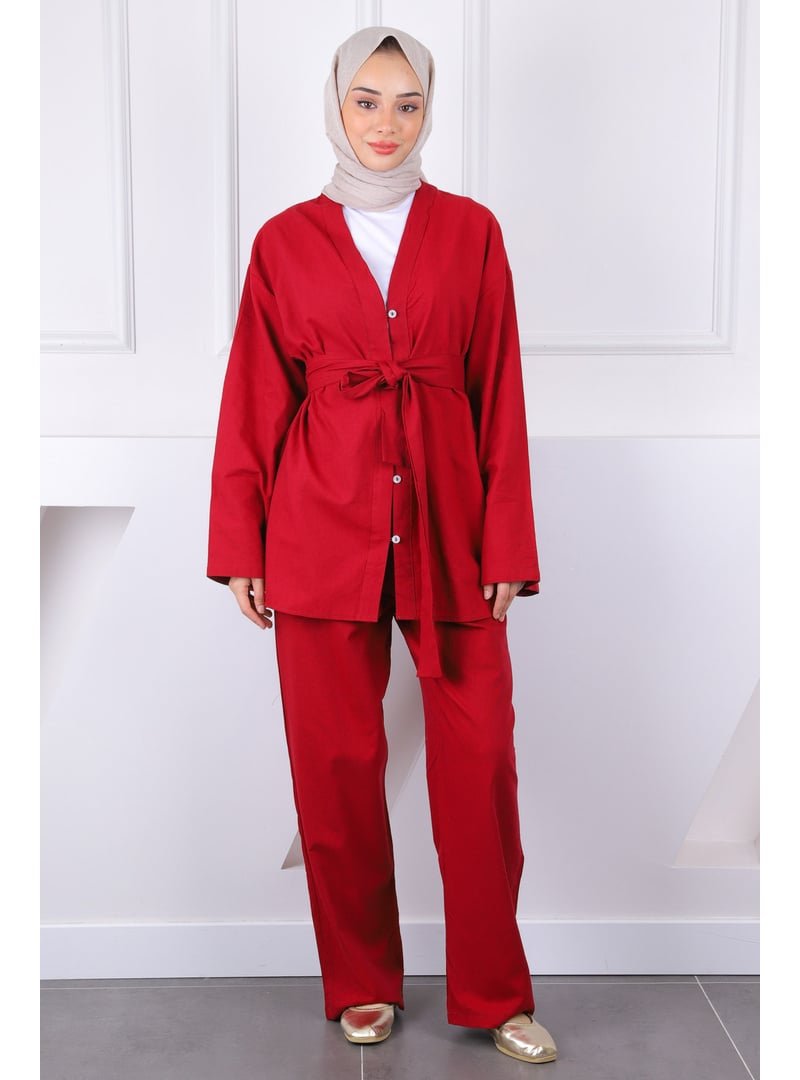 İmaj Butik Bordo Kemerli Kimono Pantolonlu Takım