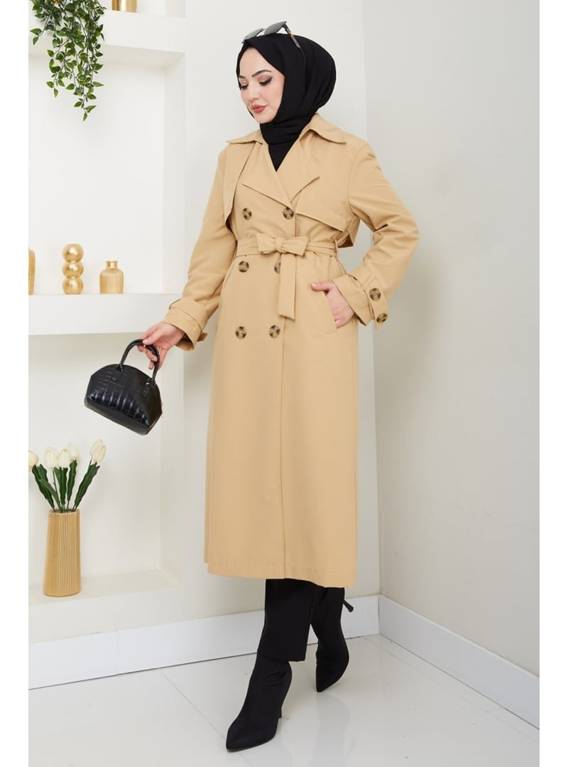 InStyle Taşlı Toka Detaylı Astarlı Camel Trençkot
