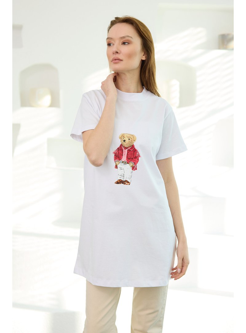 Locco Moda Beyaz Erkek Ayıcık Baskılı Basic Kısa Kollu İçlik