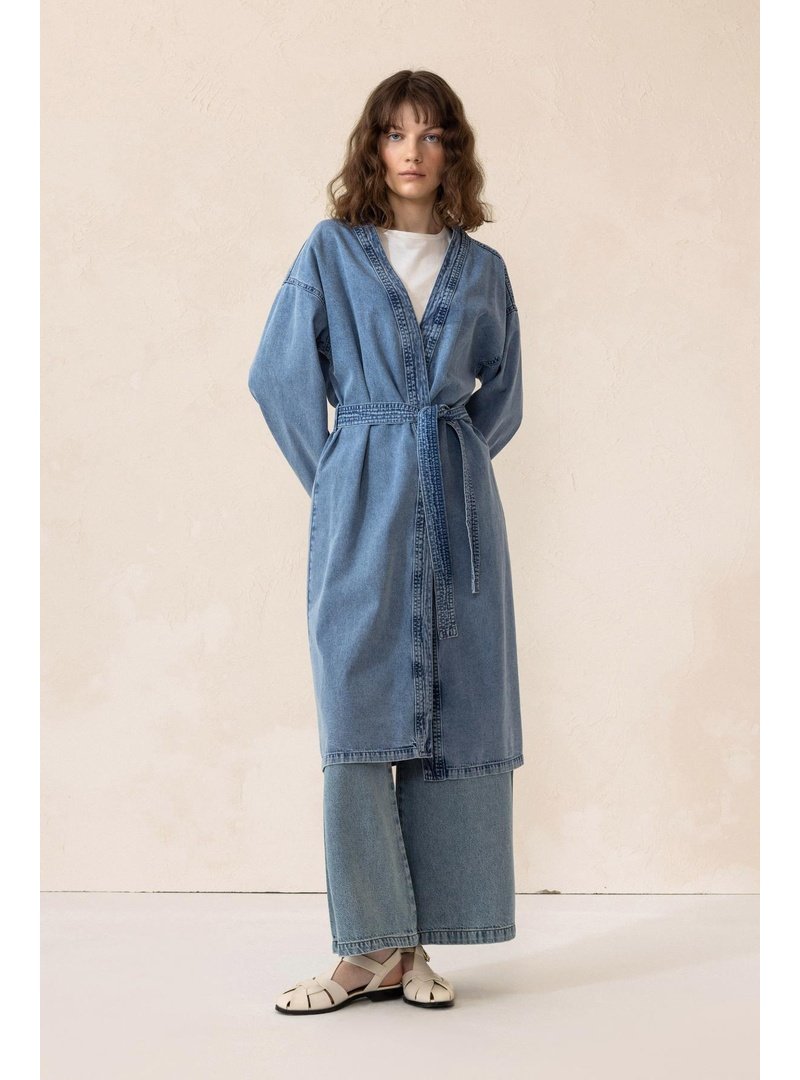 Olcay Mavi Kuşak Detaylı Astarsız Denim Kap
