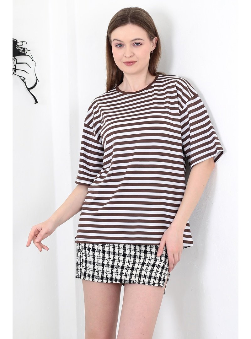 Pelsu Moda Kahverengi Kısa Kol Bluz