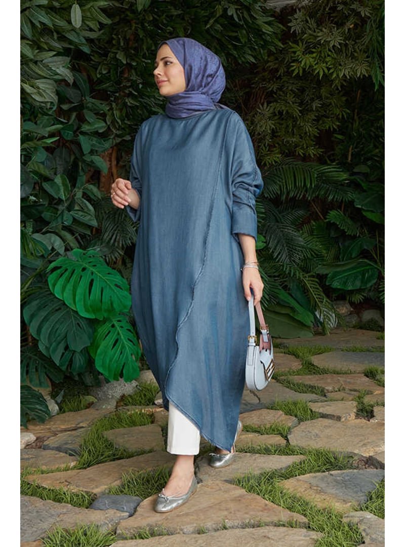 Neways Koyu Mavi Denim Tensel Standart Salaş Tunik