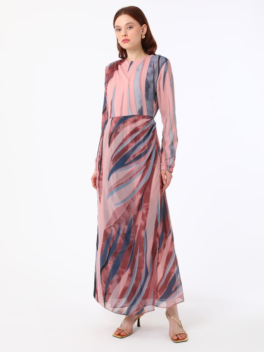 Refka Drape Detaylı Pembe Zebra Desenli Elbise