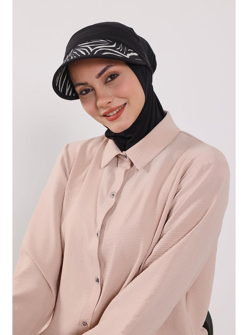 Aisha`s Design Zebra Desen Nijya Boneli Çıkarılabilir Desenli Siperlikli Bone Türban,b 91d Siyah