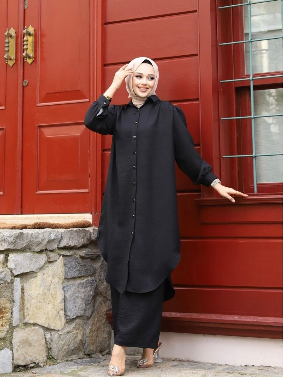 SFG Life Moda Siyah Yazlık Gömlek Yaka Ve Önü Düğmeli Keten Kumaş Uzun Tunik Pantolon İkili Takım
