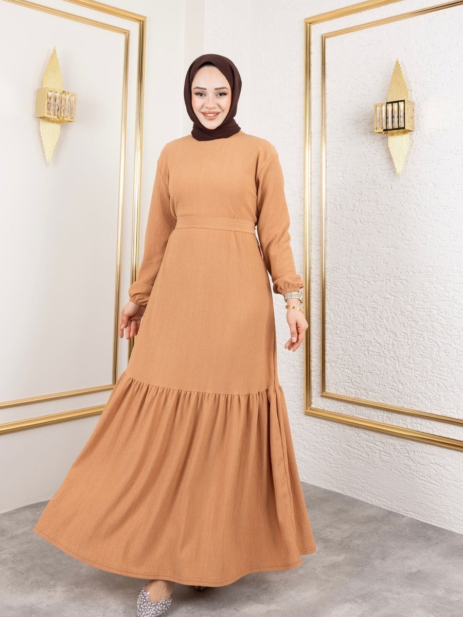SFG Life Moda Bej Belden Kuşaklı Ve Bisiklet Yaka Bürümcük Kumaş Elbise
