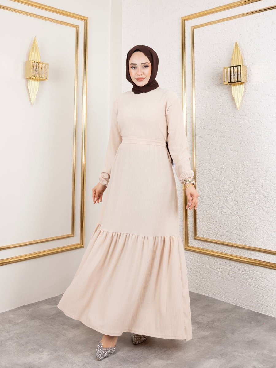 SFG Life Moda Krem Belden Kuşaklı Ve Bisiklet Yaka Bürümcük Kumaş Elbise