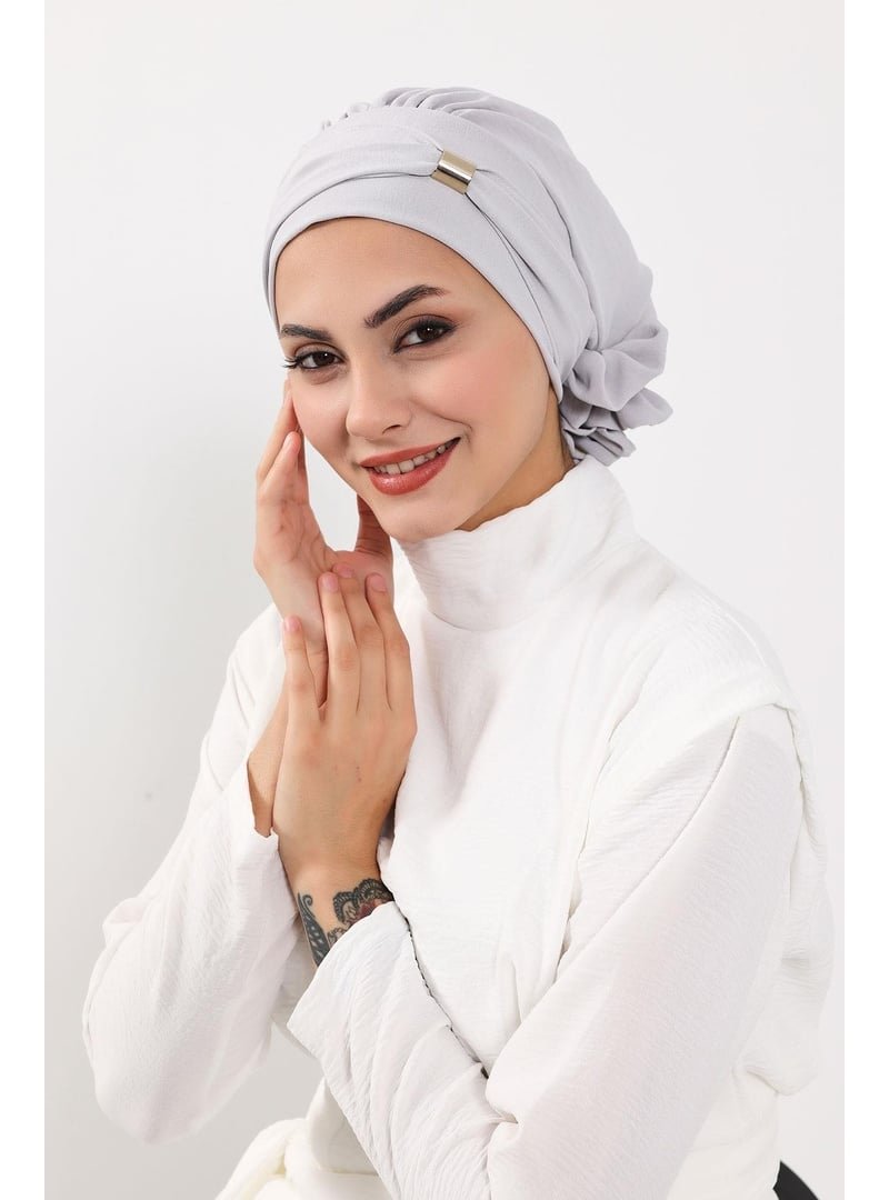 Aisha`s Design Açık Gri Aksesuarlı Aerobin Kumaş Hazır Türban,ht