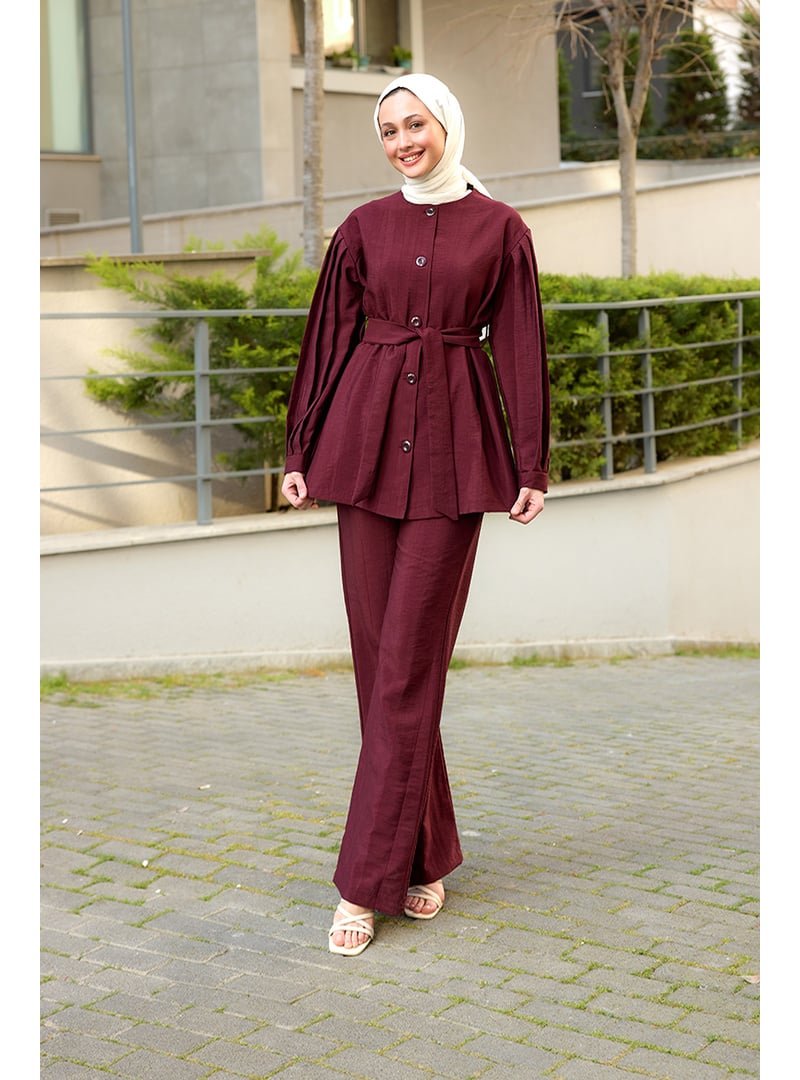 Locco Moda Bordo Pile Detaylı Kuşaklı İkili Takım