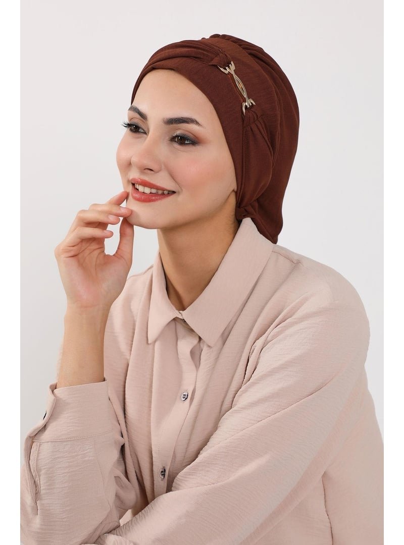 Aisha`s Design Kahverengi Aerobin Kumaş Aksesuarlı Hazır Türban,ht