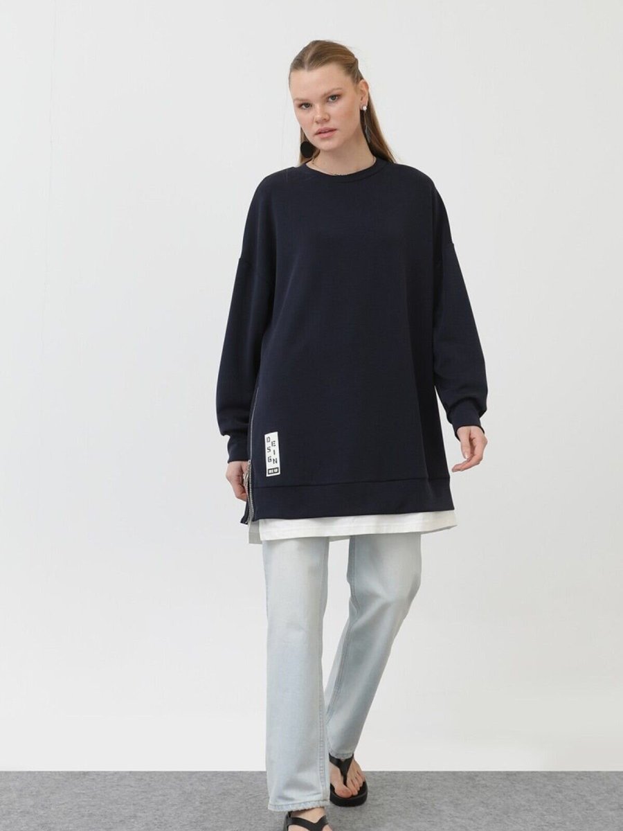 Puane Lacivert Modal Kumaş Arma Ve Fermuar Detaylı Sweatshirt