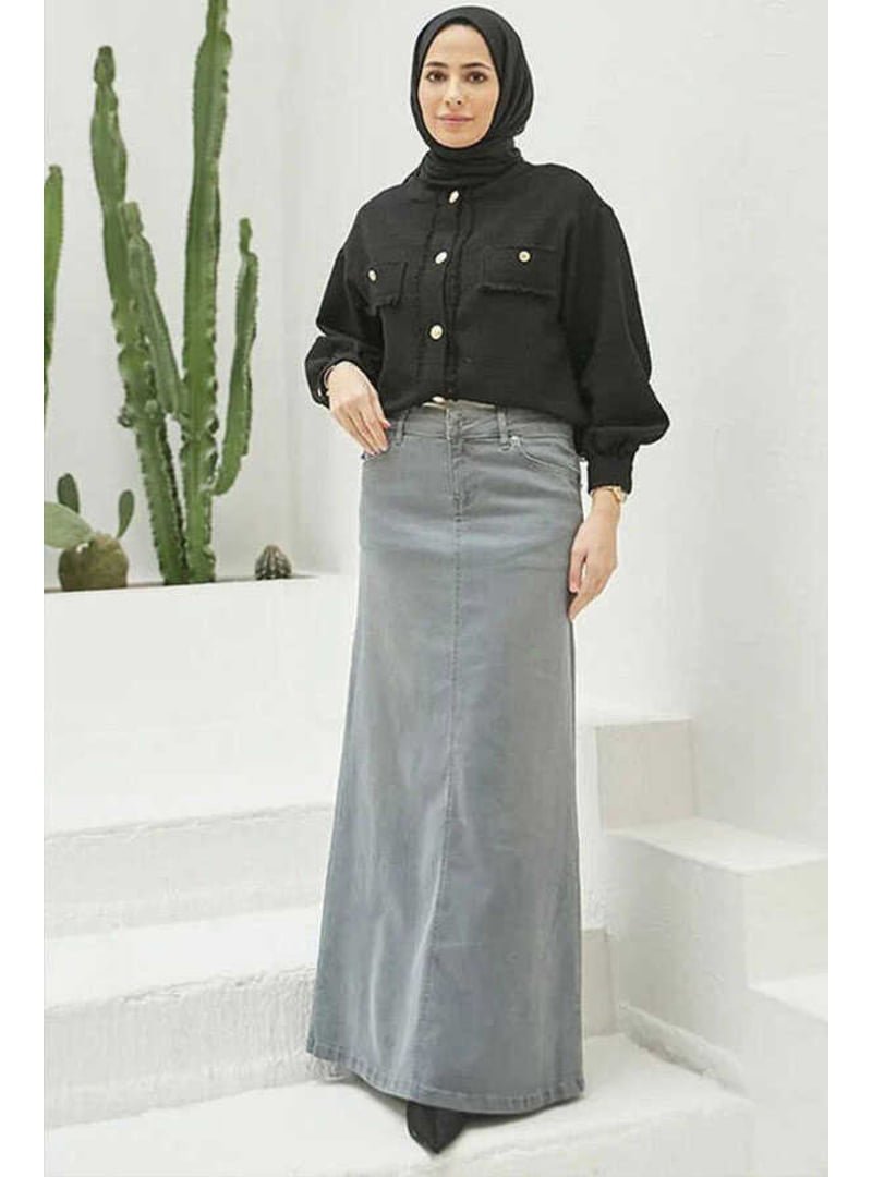 Neways Gri Denim Klasik Etek