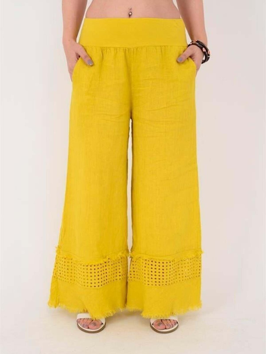 EREN STYLE Sarı İtalyan Fisto Paça Detaylı Keten Pantolon