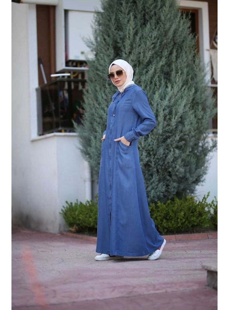 Neways Koyu Mavi Denim Kapüşonlu Ferace