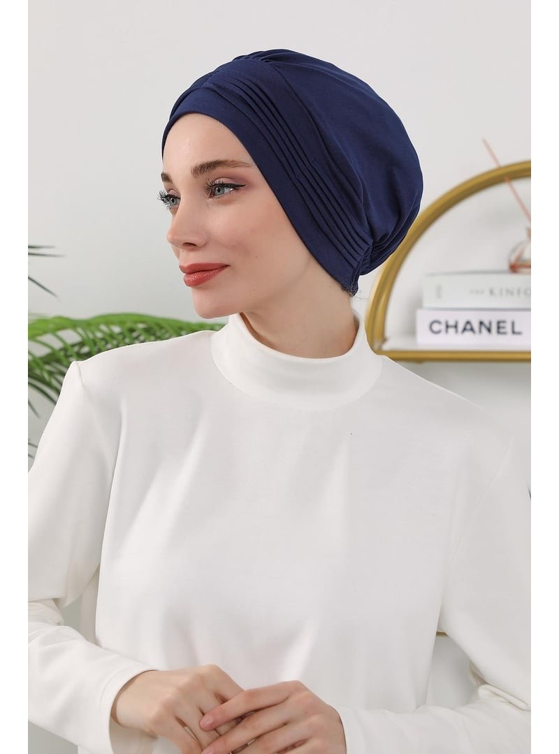 Aisha`s Design 19o Lacivert Dört Mevsim Kullanıma Uygun Mihrace Pileli Bone,b