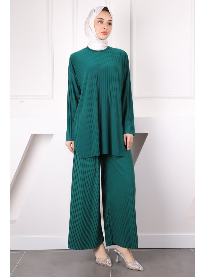 İmaj Butik Zümrüt Yeşili Piliseli Sandy Tunik Pantolon Takım