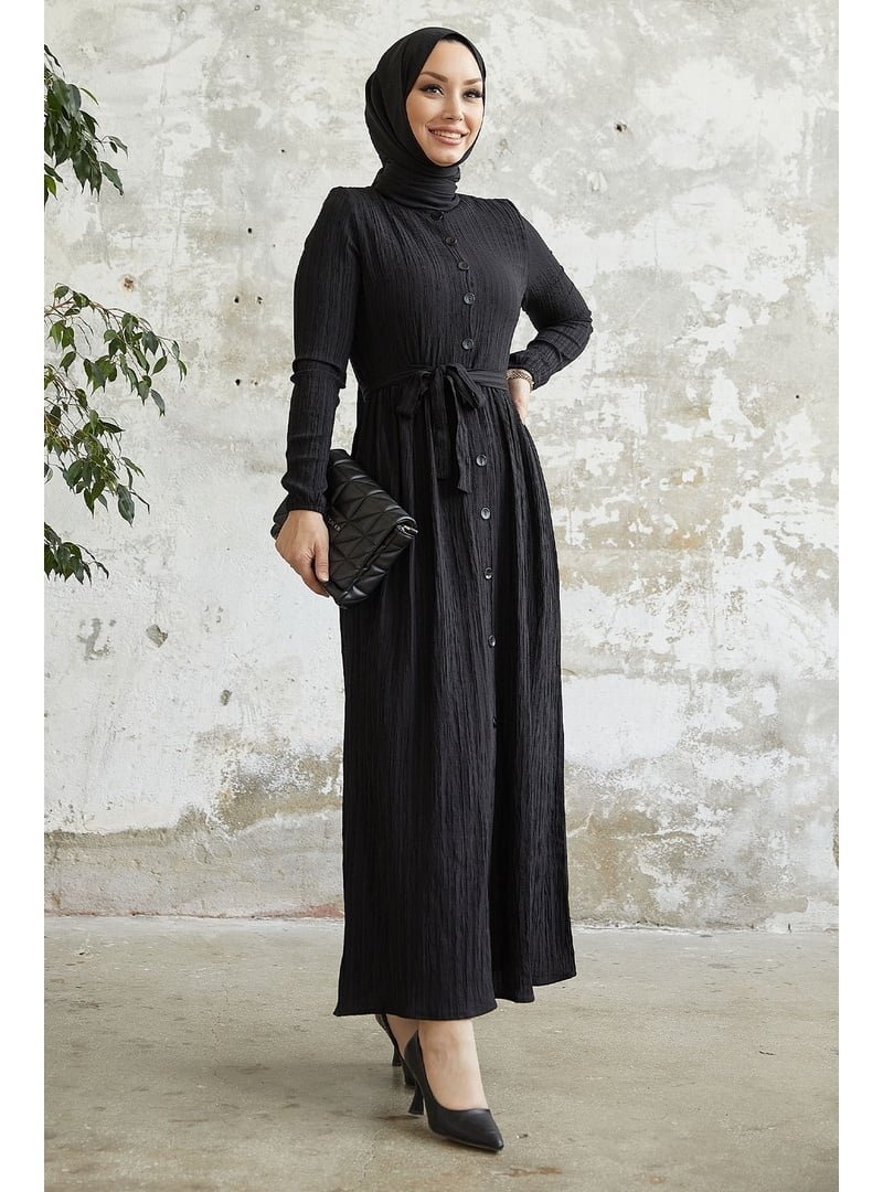 InStyle Siyah Lemina Kuşaklı Elbise