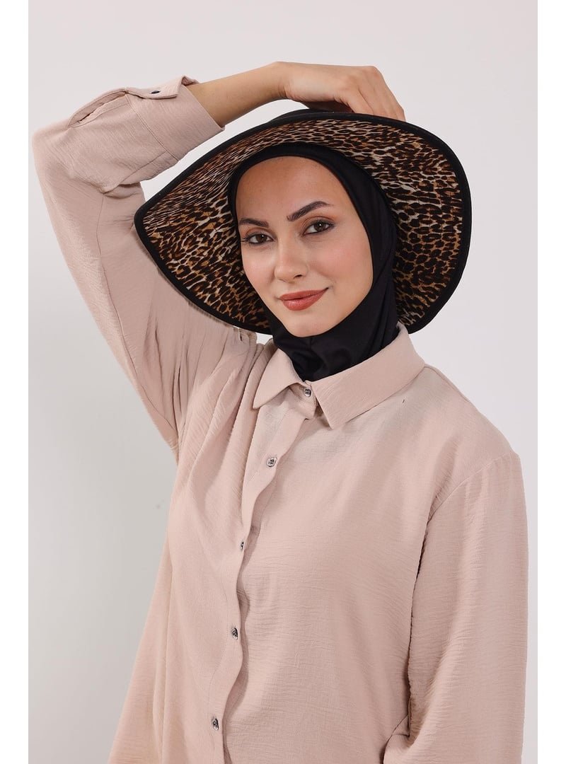 Aisha`s Design Leopar Desen Nijya Boneli Çıkarılabilir Desenli Şapkalı Bone Türban,s 6d Siyah