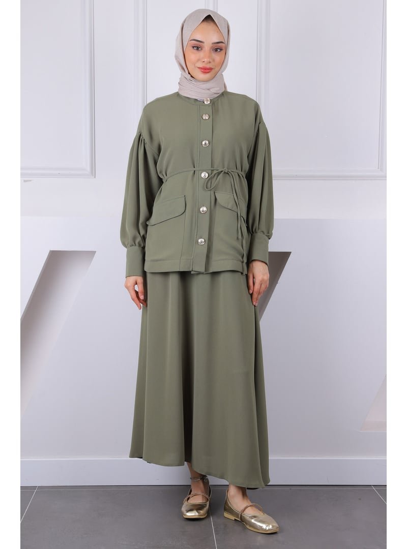 İmaj Butik Haki Kol Büzgülü Ceket Etekli Takım