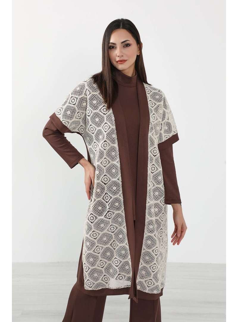 Aisha`s Design Kahverengi Dantel Detaylı Kısa Kol Kimono Tunik,sw