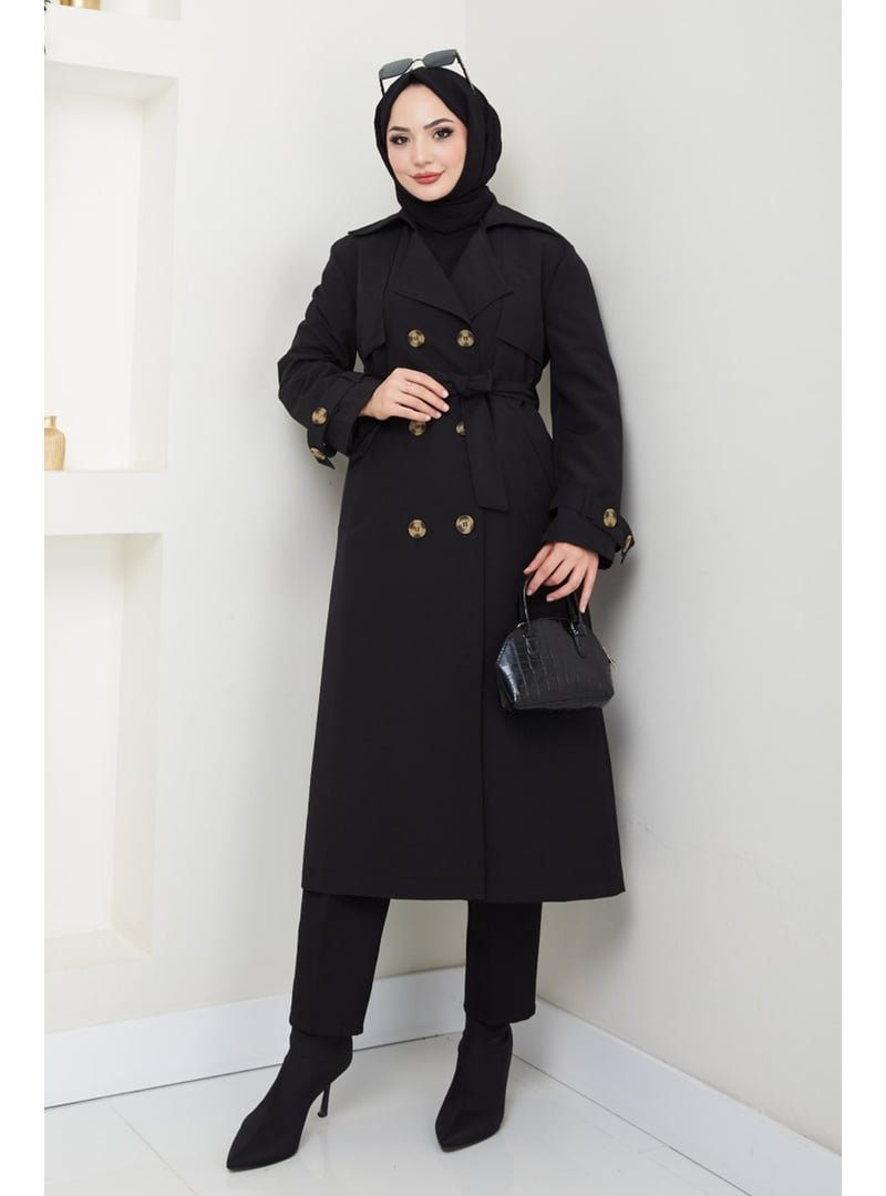 InStyle Omuzları Apolet Detaylı Astarlı Siyah Trençkot