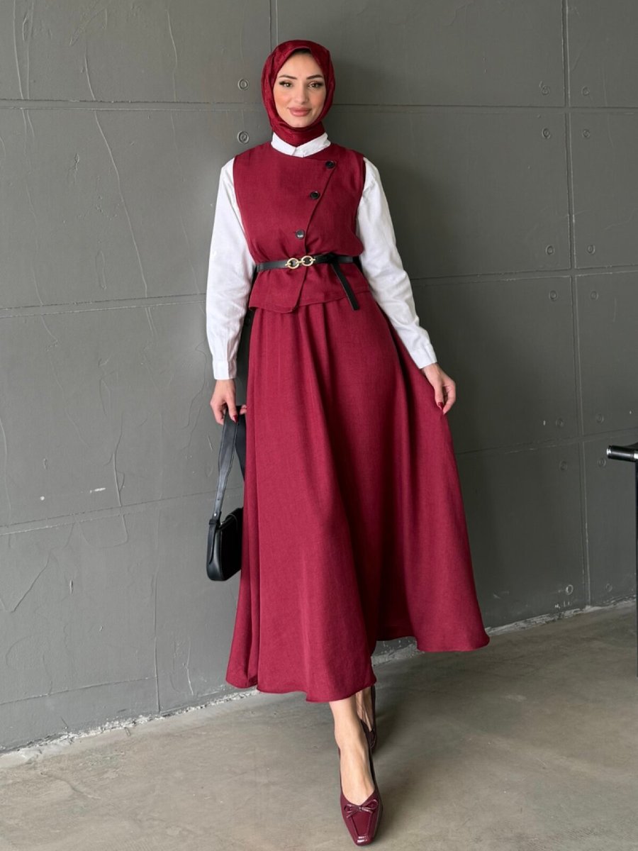 Ensa Tesettür Bordo Irmak Etekli Takım
