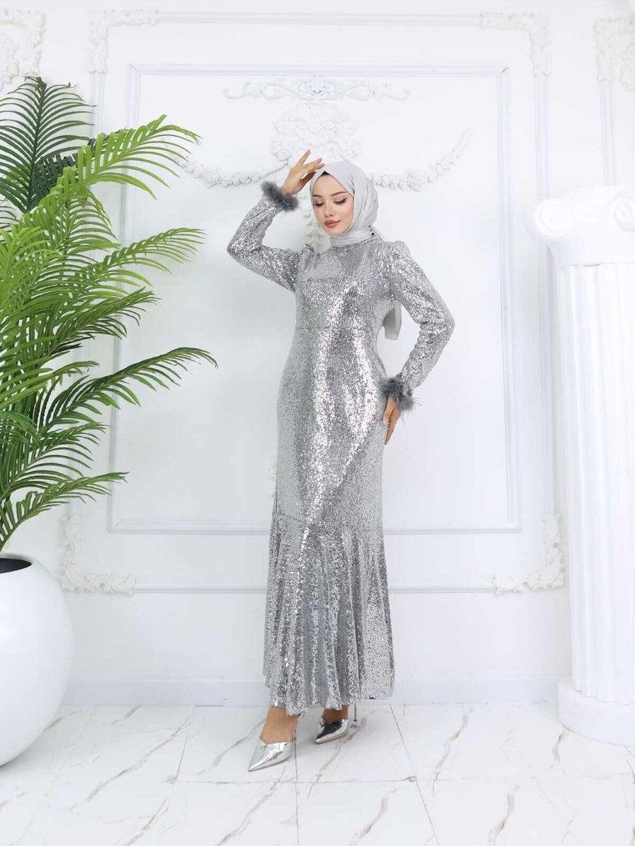 Marwella Gri Parıltı Abiye Elbise