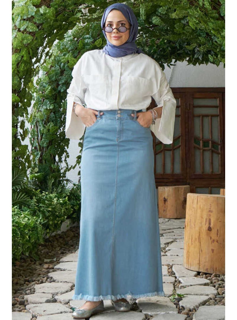 Neways Açık Mavi Denim Püsküllü Etek