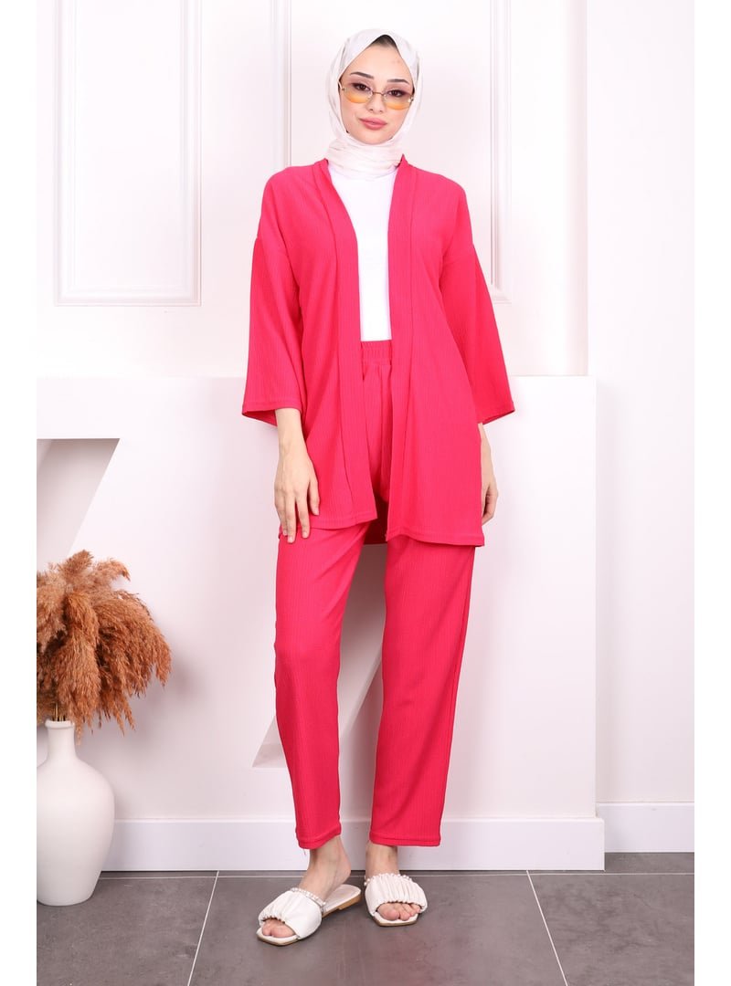İmaj Butik Fuşya Bürümcük Kimono Pantolon Takım