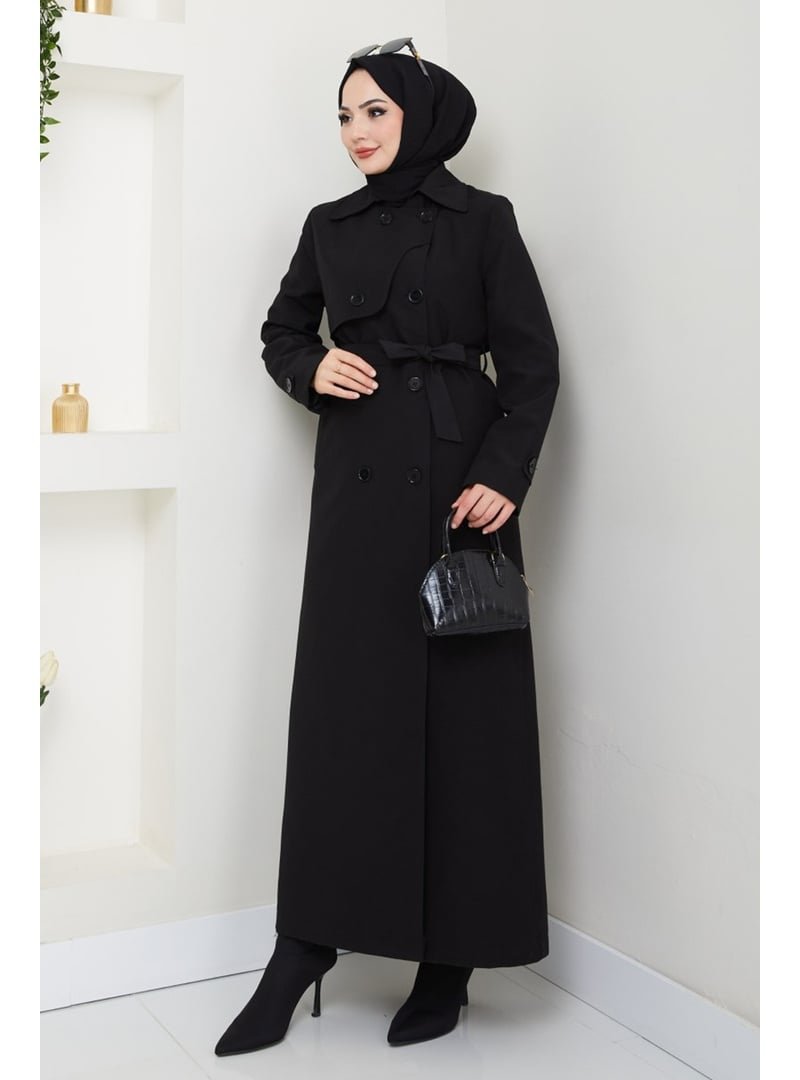 InStyle Kapak Detay Uzun Astarlı Siyah Trençkot