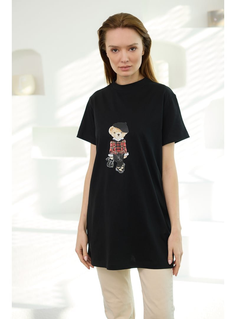 Locco Moda Siyah Kız Ayıcık Baskılı Basic Kısa Kollu İçlik