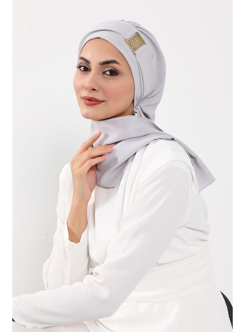 Aisha`s Design 11a Açık Gri Gold Aksesuarlı Aerobin Kumaş Hazır Türban,ht