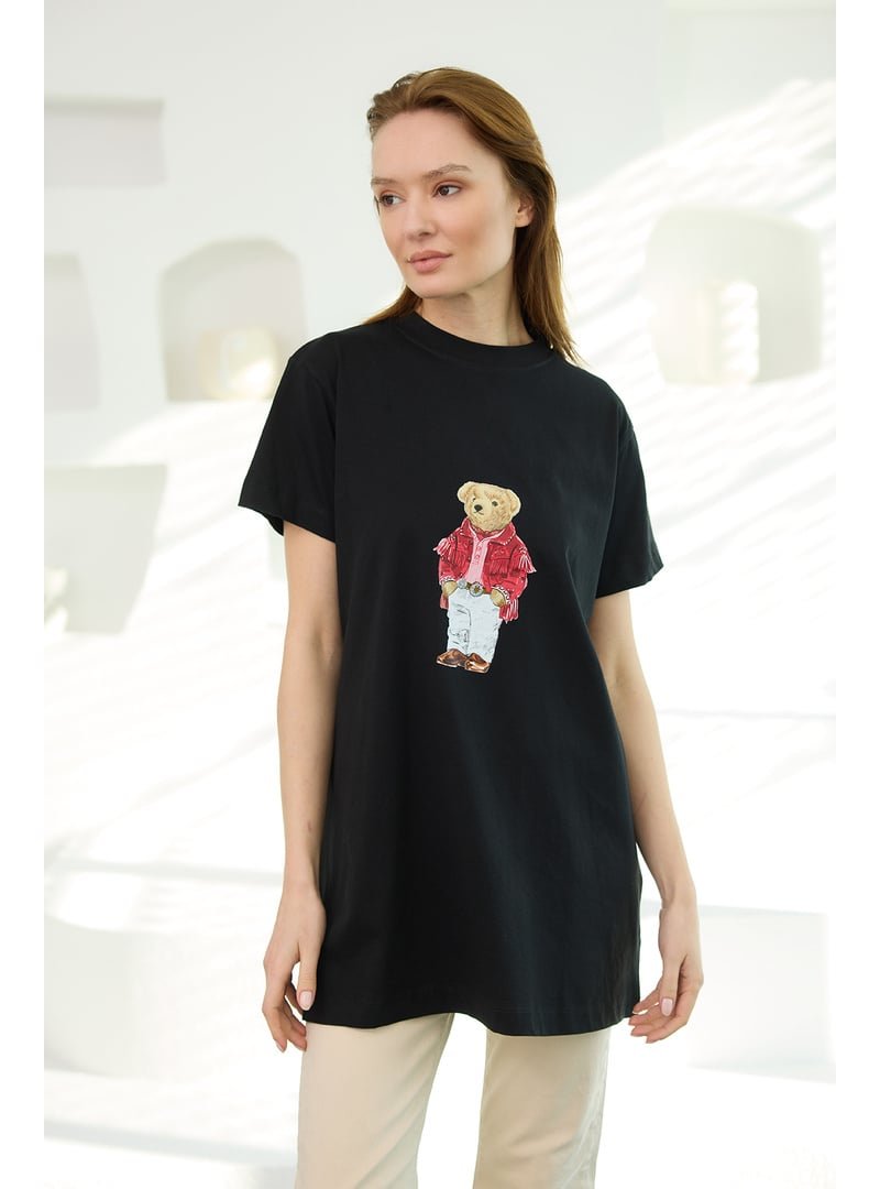 Locco Moda Siyah Erkek Ayıcık Baskılı Basic Kısa Kollu İçlik