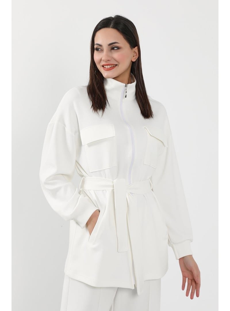 Aisha`s Design Ekru Fermuarlı Cepli Swet Ceket,sw