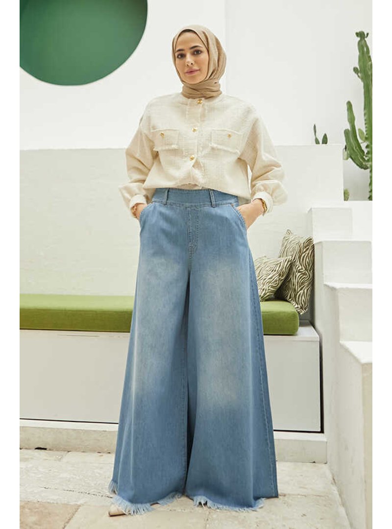 Neways Mavi Denim Bol Paça Pantolon Etek