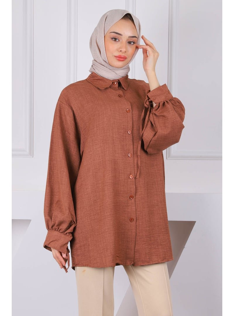 İmaj Butik Kahverengi Kol Bağlamalı Keten Tunik