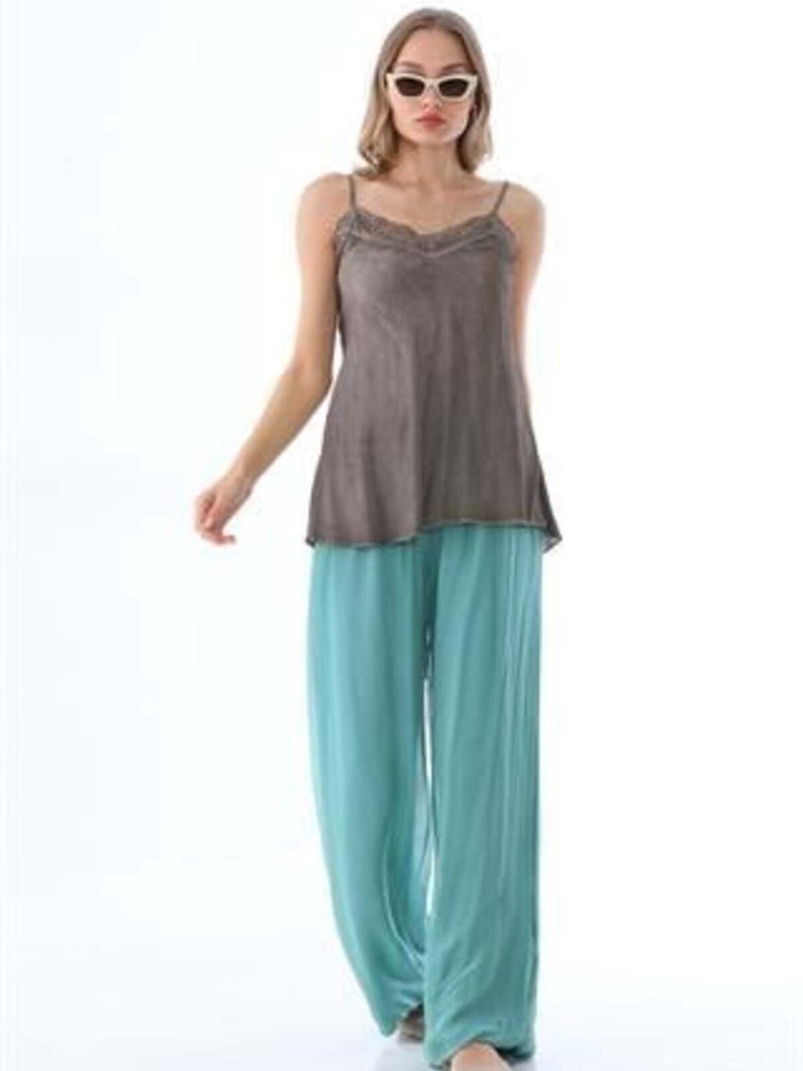 Bohem Stil Mint Yeşili Italyan Korse Belli Astarlı İpek Pantolon