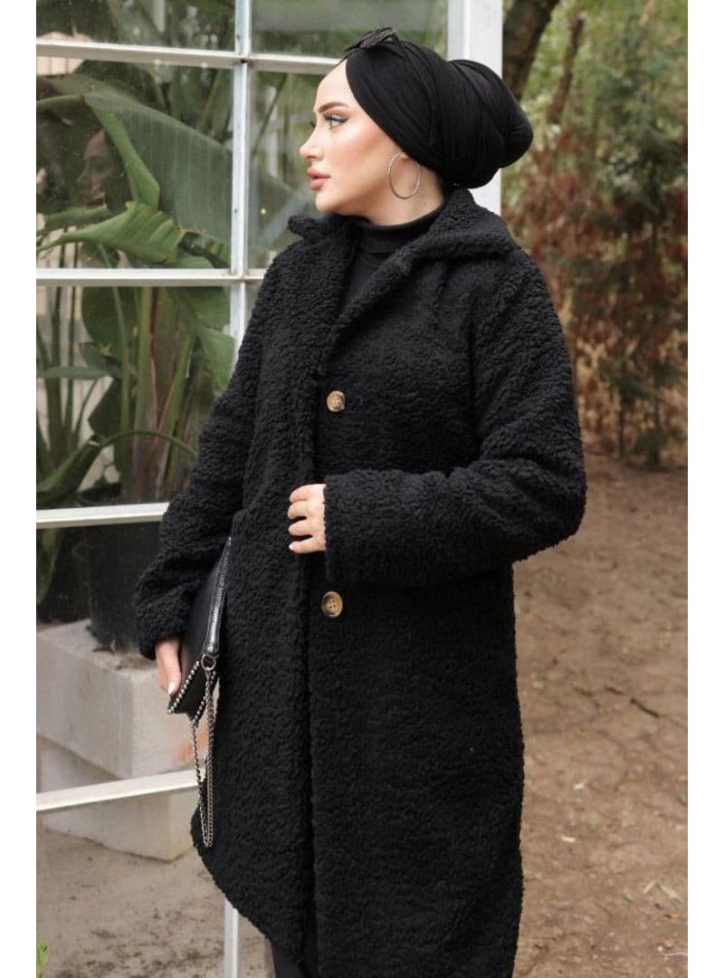 Hafsa Mina Siyah Kruvaze Yaka Peluş Mont