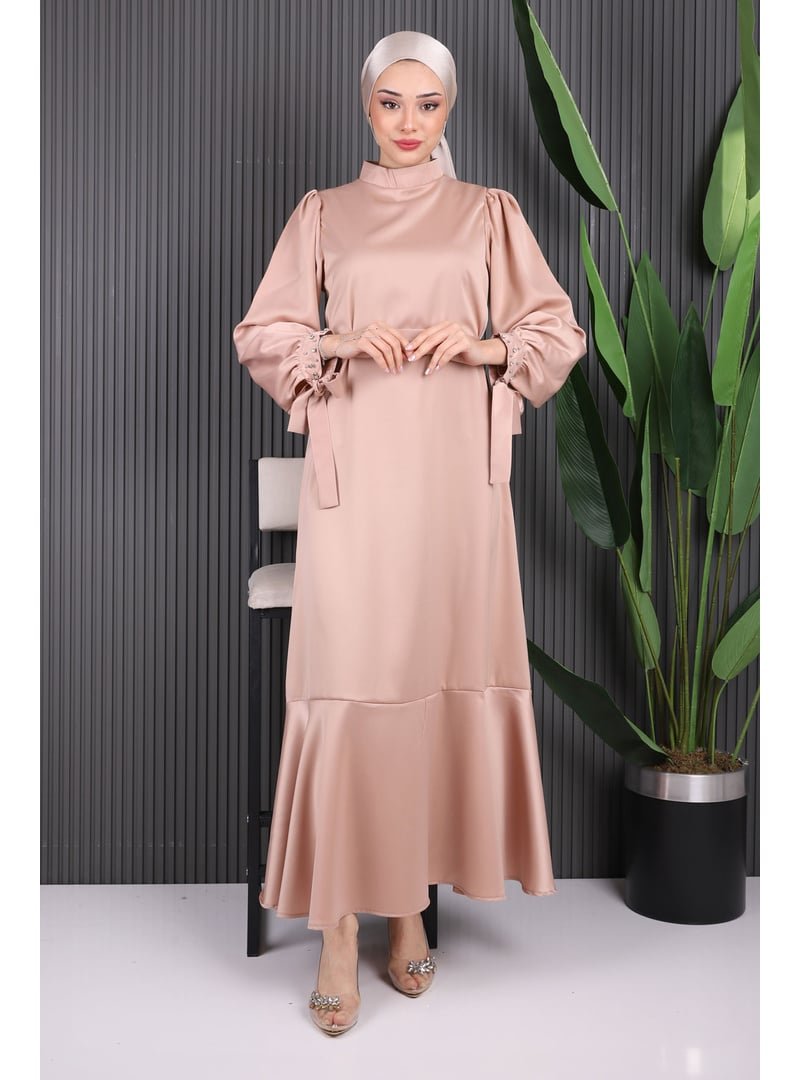 İmaj Butik Bej Taş Detaylı Eteği Volanlı Saten Abiye Elbise