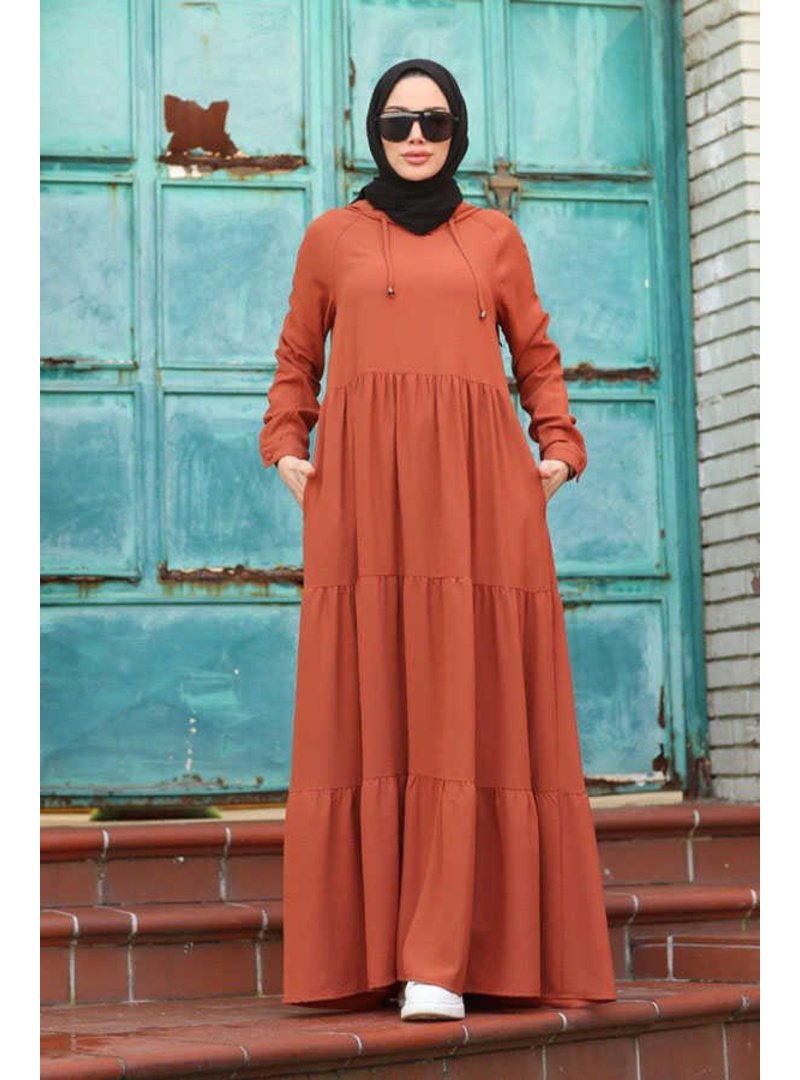 Neways Taba Krep Kapüşonlu Reglan Kollu Elbise