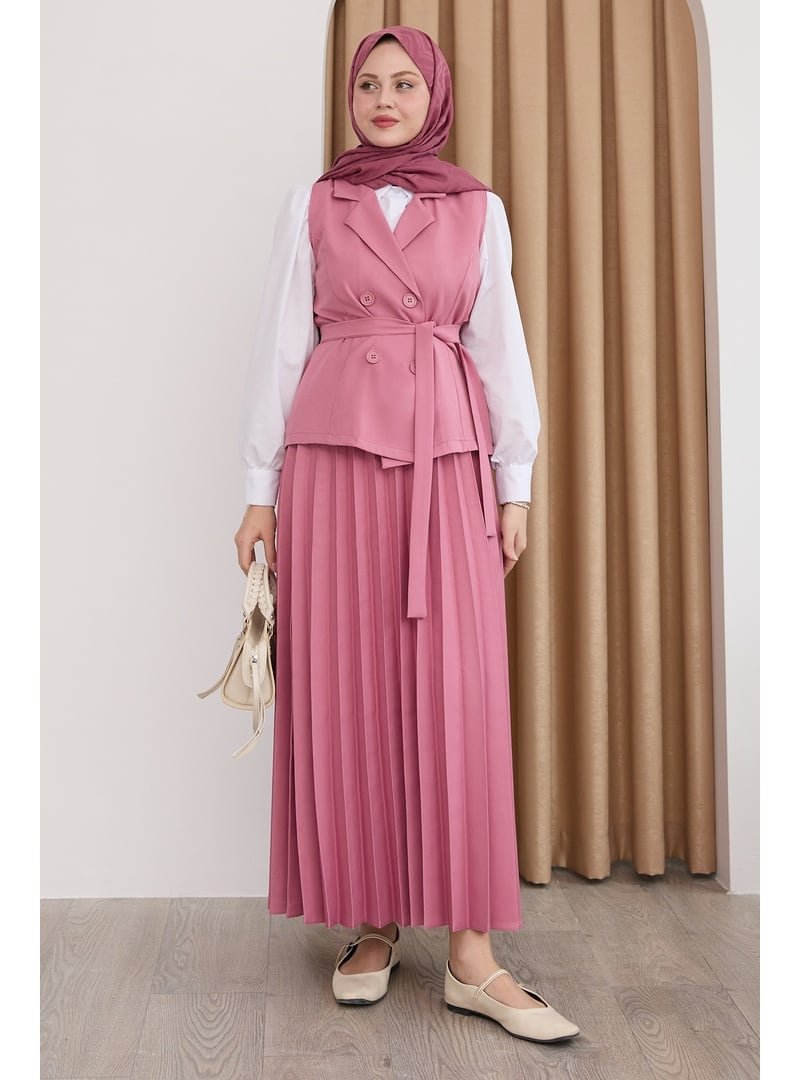 InStyle Kruvaze Yaka Piliseli Etekli Pembe Takım