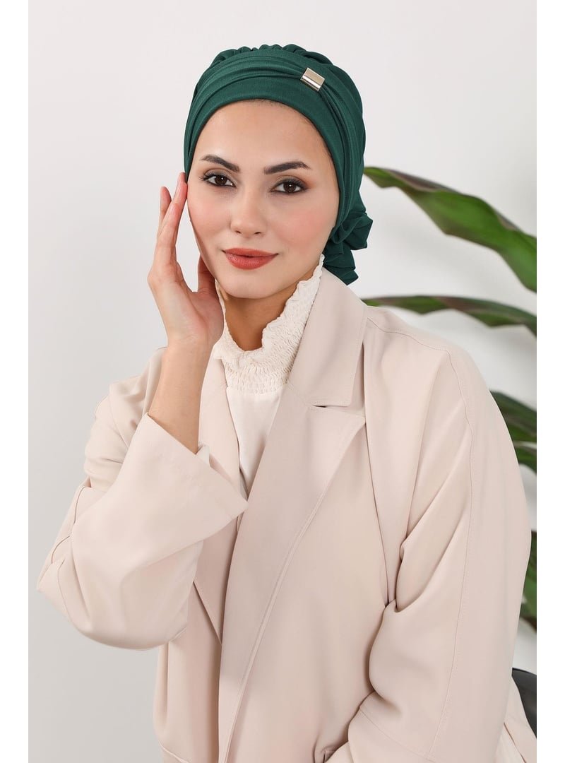 Aisha`s Design Koyu Yeşil Aksesuarlı Aerobin Kumaş Hazır Türban,ht