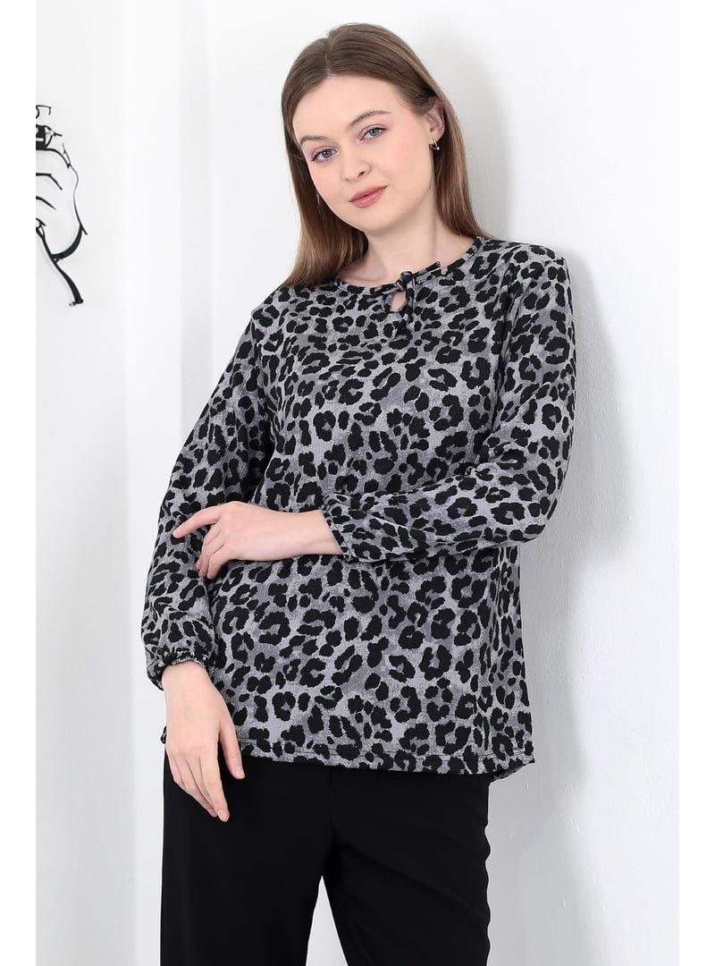 Pelsu Moda Leopar Gri Bağcıklı Yaka Bürümcük